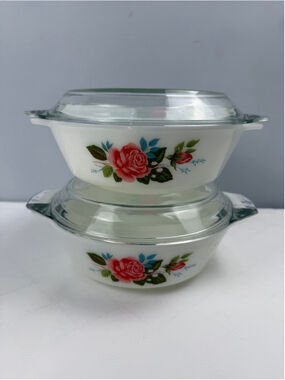 Vintage JAJ Pyrex Cottage Rose 509 Casserole Cookware with Lid Set of 2